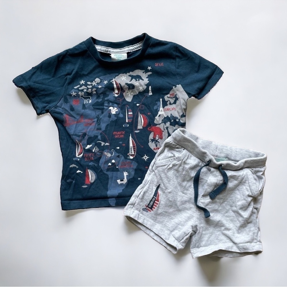 Boboli 12-18m short sleeve tee & shorts set - navy & grey, explorer design